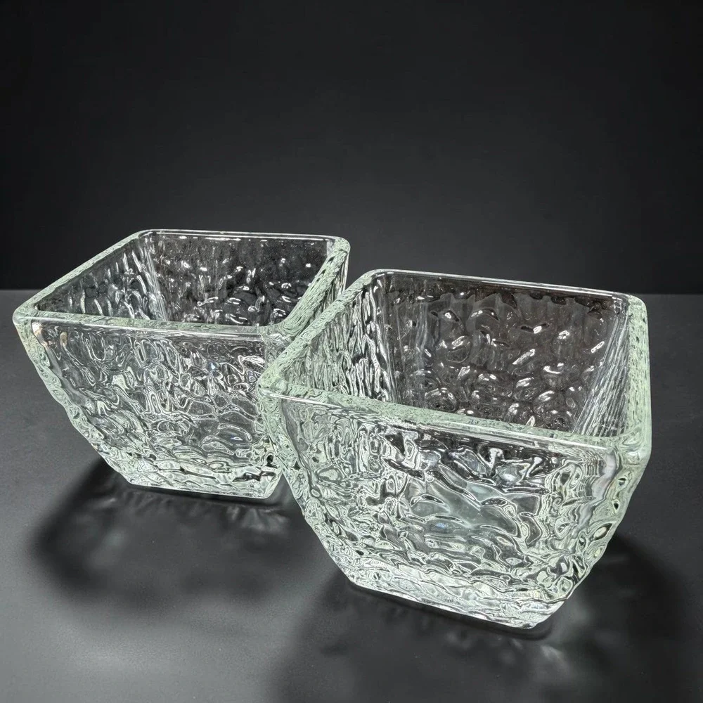 Disaronno Square Hammered Texture Rocks Glasses Bowl Dish Set of 2 Clear Barware